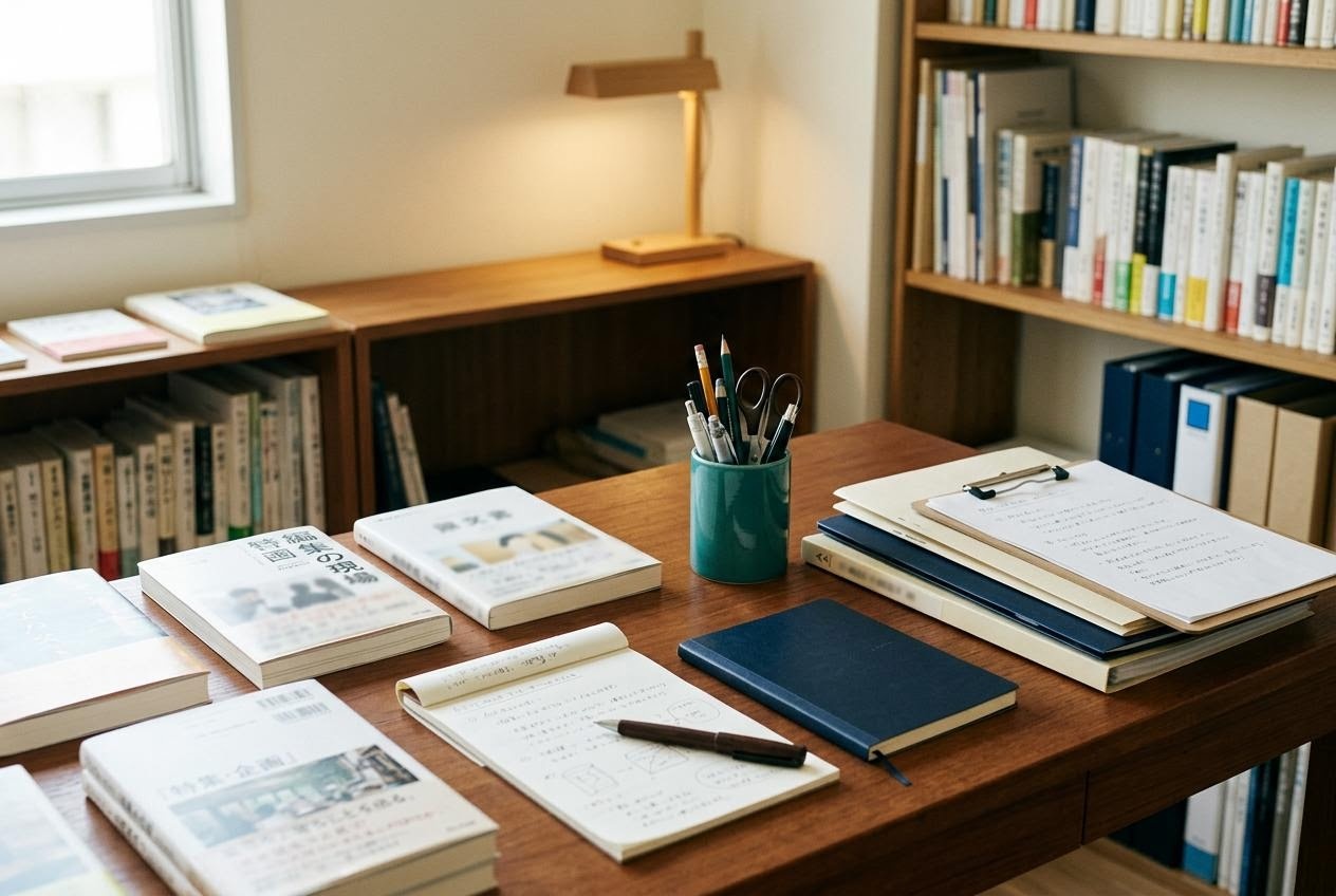 日本語の為替教育デスクで、資料を広げて読み解きを整理する編集メンバーの様子