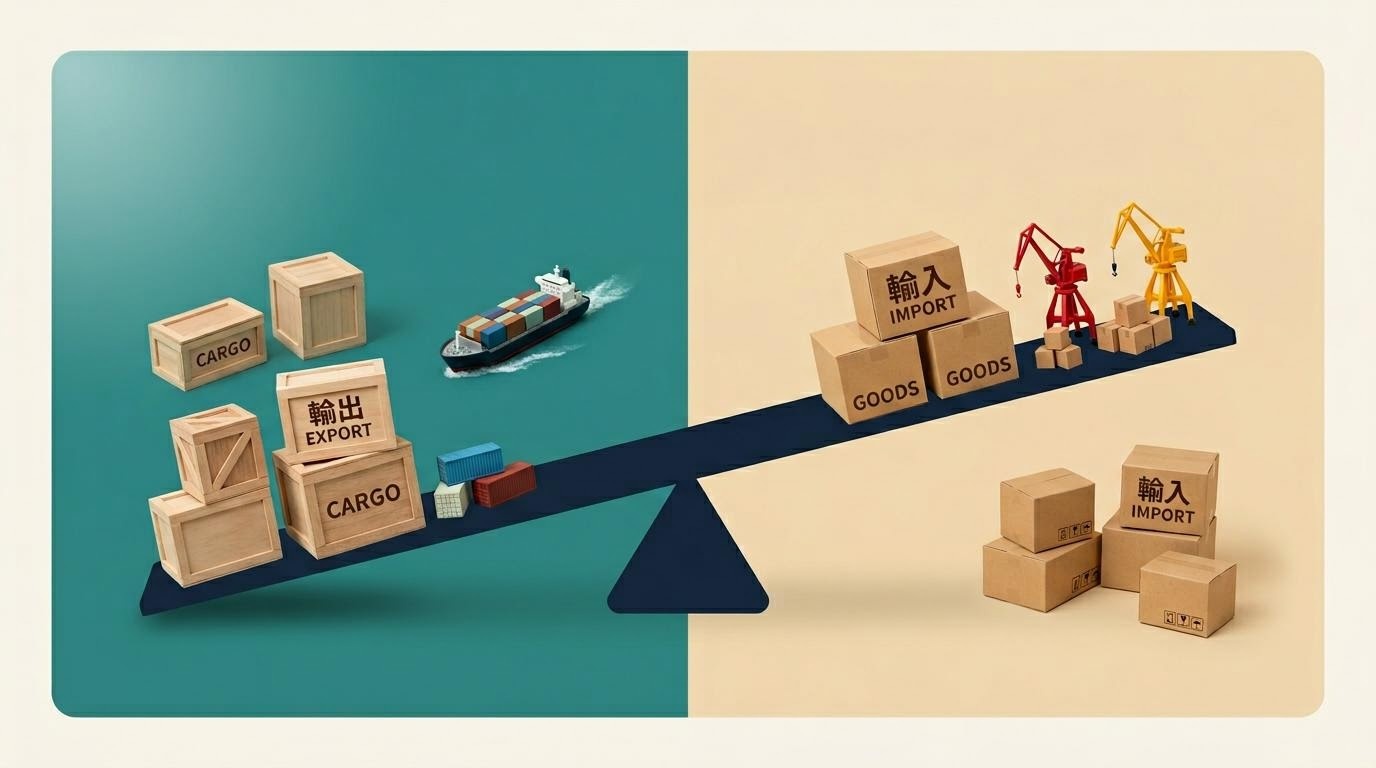 輸出企業と輸入企業それぞれの損益に為替が与える影響を対比で示した編集ビジュアル